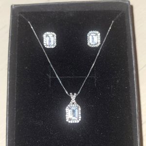 White Sapphire Emerald Cut Halo Necklace Earring Set
